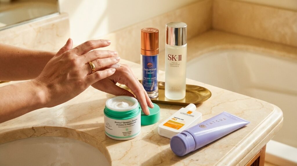 skin barrier repair products on warm marble surface