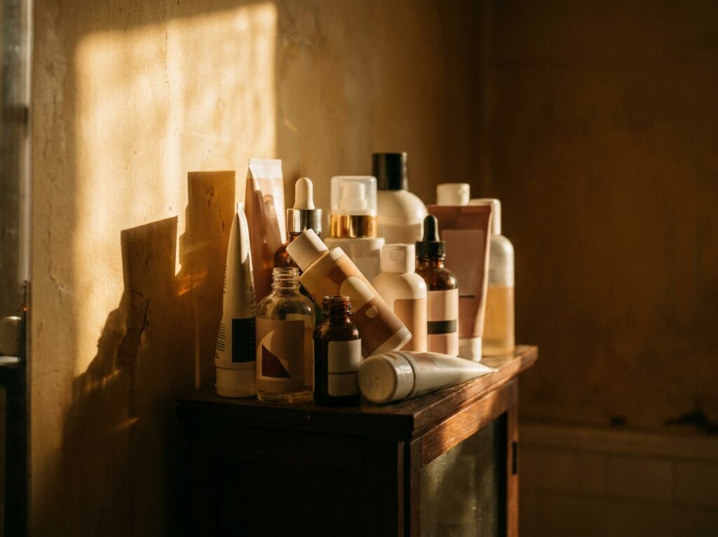 Cluttered bathroom shelf with overcrowded unbranded skincare bottles and tubes in warm window light, the visual definition of skincare overwhelm before barrier repair