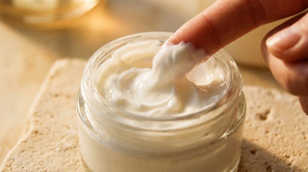 fingertip scooping rich moisturiser from glass jar on cream stone surface, close-up texture