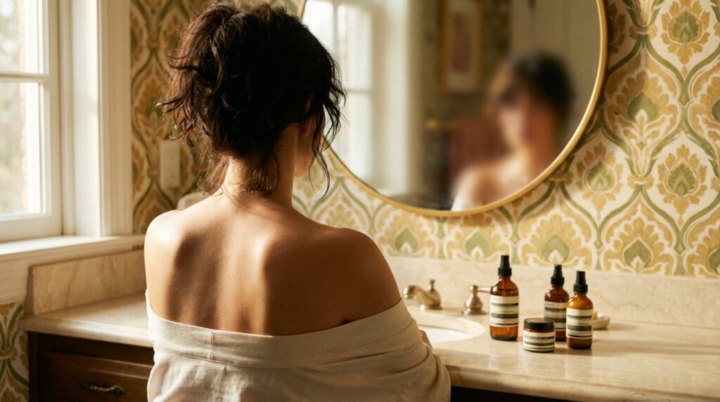 woman with luminous skin sitting at bathroom vanity with simple skincare routine, morning light, seen from behind