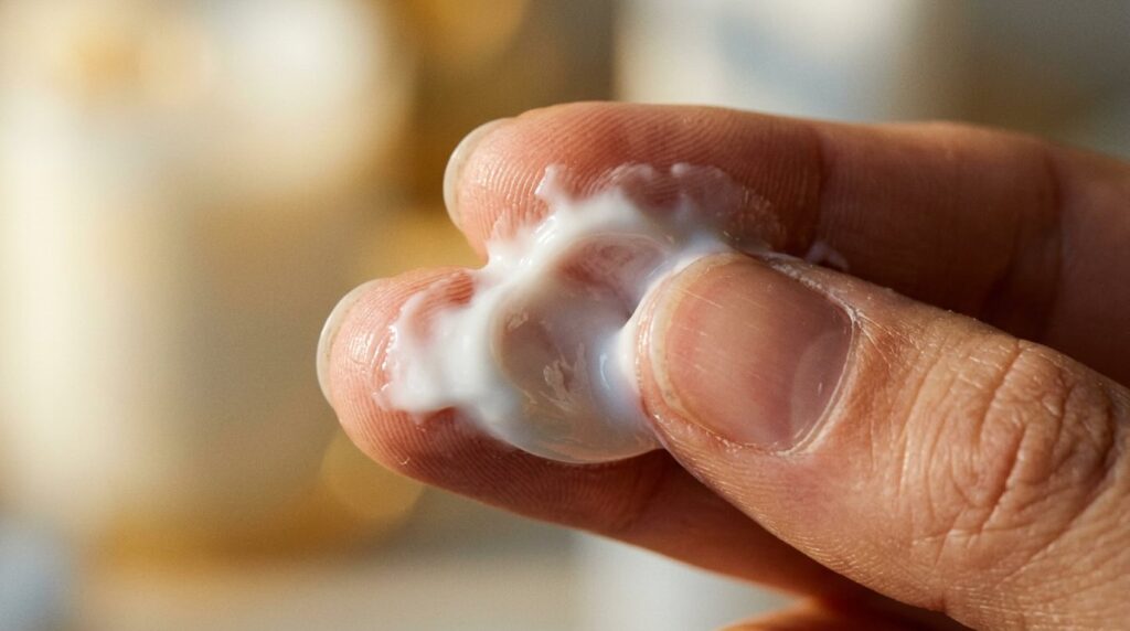 Ceramide cream texture close-up between fingertips showing rich protective consistency