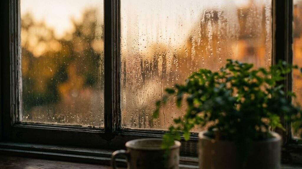 Window with condensation and warm light representing how climate changes affect skin after 30