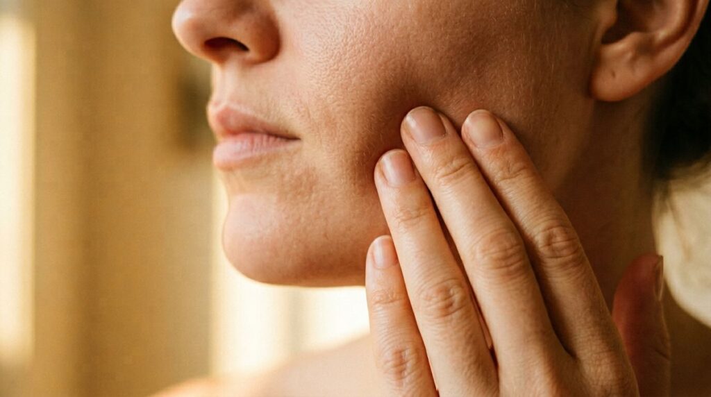 Fingertip pressing into cheek showing skin firmness and collagen changes after 30 in warm light