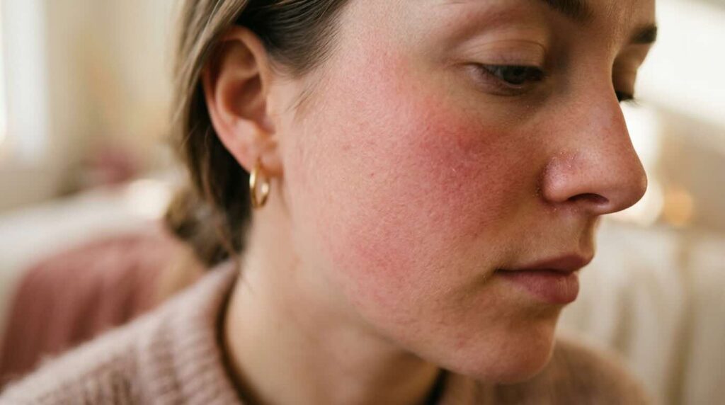 Signs of damaged skin barrier showing redness and dry patches on cheek with warm light