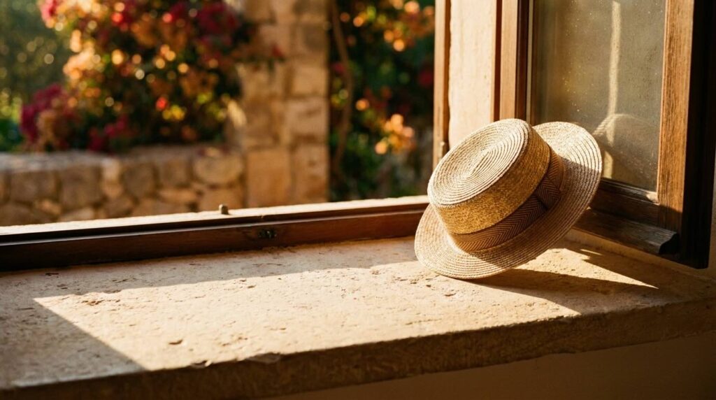 Straw sun hat on a Mediterranean stone windowsill in golden hour light with summer garden bokeh, the daily sun protection ritual of women with great skin after 30