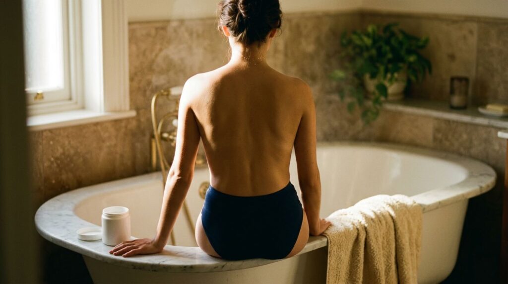 Woman's bare back in warm morning bathroom light with single skincare product showing quiet consistent routine