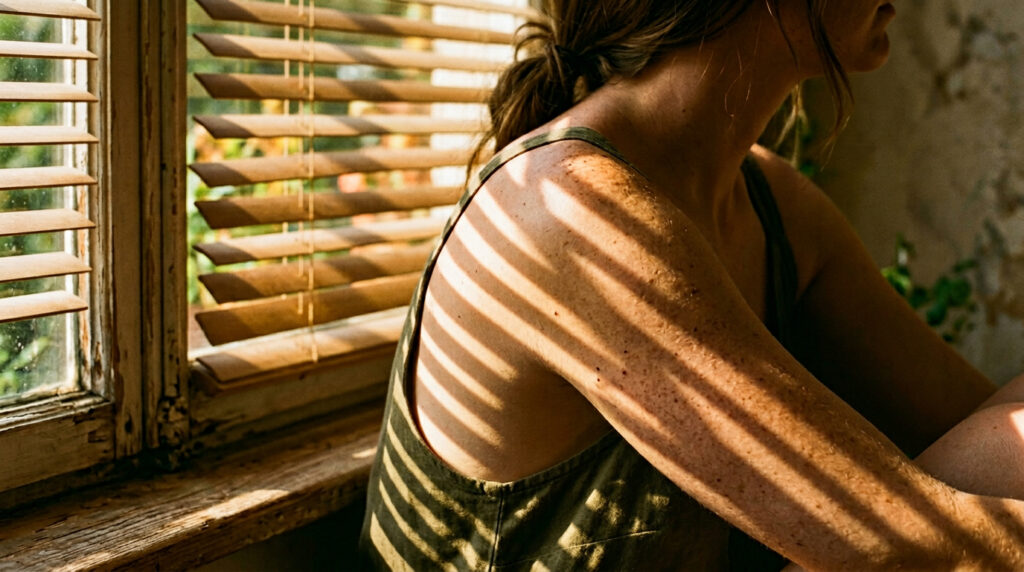 Dappled sunlight and shadow stripes on bare shoulder showing natural skin tone and hyperpigmentation after 30