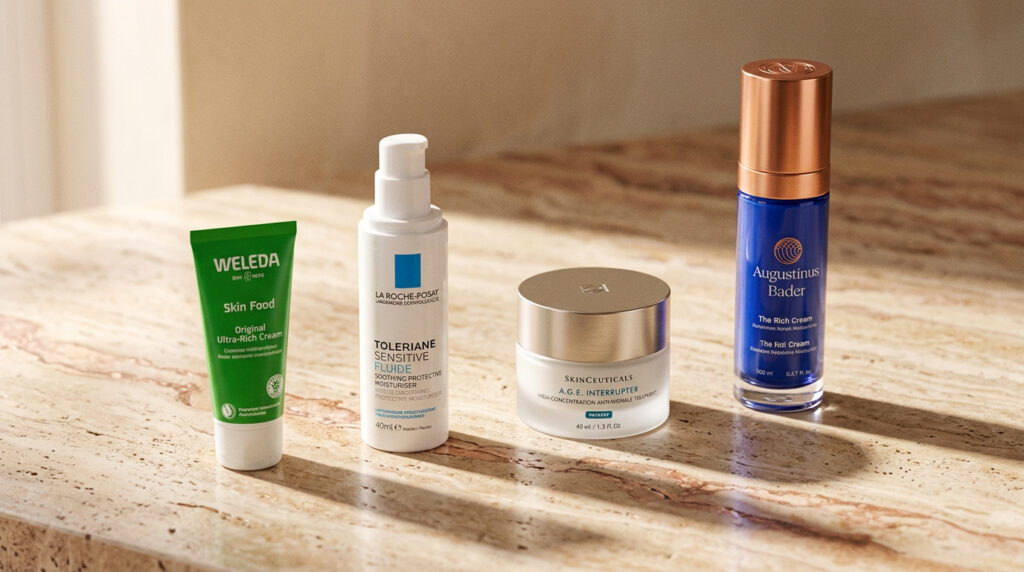 La Mer alternatives from budget to luxury — Weleda, La Roche-Posay, SkinCeuticals, and Augustinus Bader on warm stone