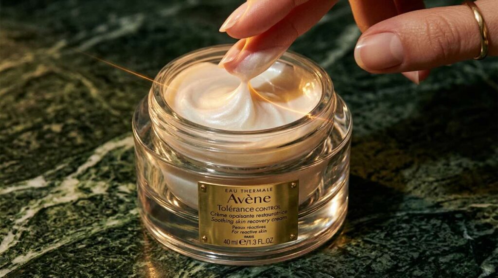 Rich La Mer cream texture being scooped from jar showing luxurious ritual in warm editorial light