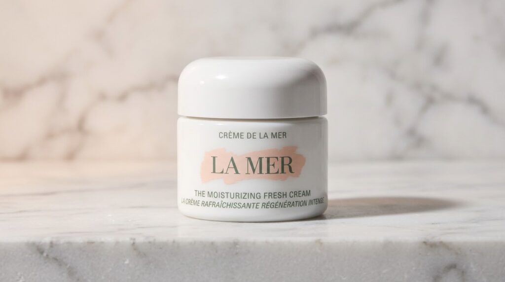 la mer review crème de la mer jar on marble surface