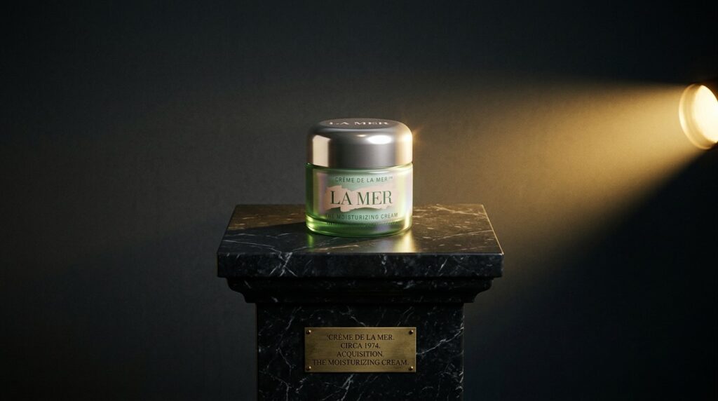 La Mer jar on dark marble pedestal under dramatic spotlight questioning luxury skincare value