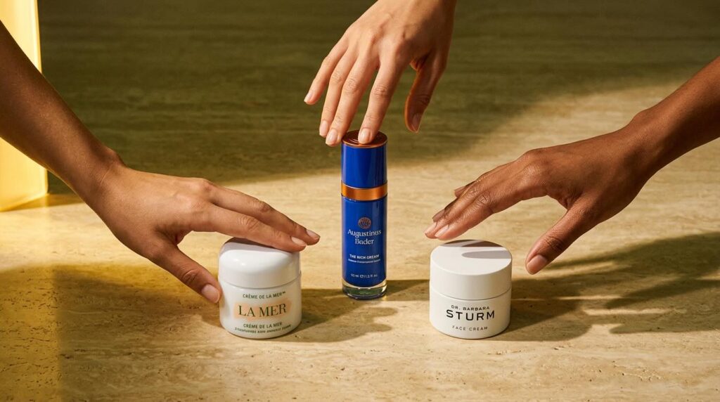 Three hands reaching for La Mer, Augustinus Bader, and Dr. Barbara Sturm showing luxury moisturiser comparison choice