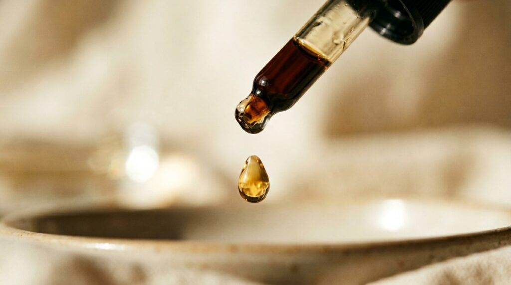Golden serum drop falling from dropper close-up representing clinical formulation science