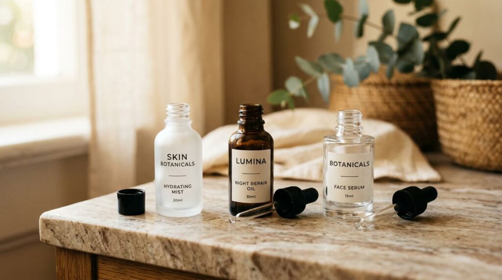 Beautiful empty luxury skincare bottles on marble surface illustrating paying for packaging not formula