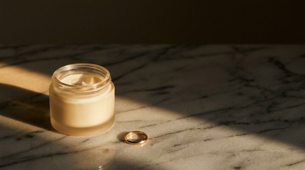 Hands cradling a single unmarked frosted glass jar on Carrara marble, the editorial hero for whether luxury skincare is worth it