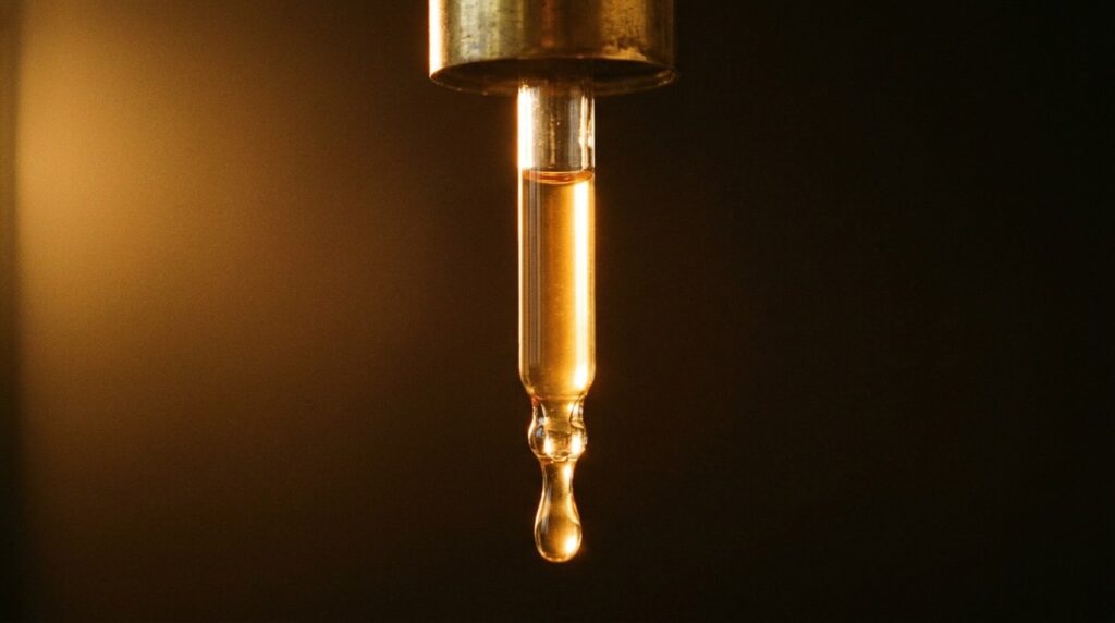 Macro close-up of golden serum in an unbranded dropper held in a faceless hand, the formulation itself is what you pay for