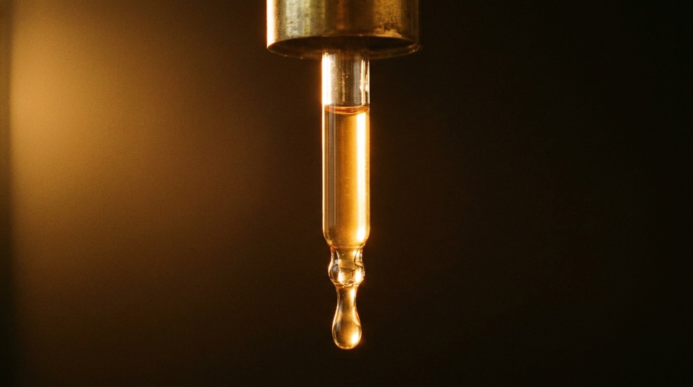 Macro close-up of golden serum in an unbranded dropper held in a faceless hand, the formulation itself is what you pay for