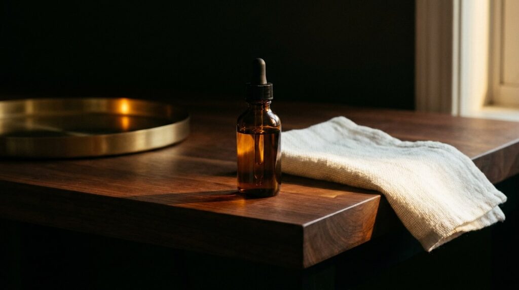 Unbranded amber dropper bottle on walnut wood with brass and linen, the visual definition of luxury formulation worth the money