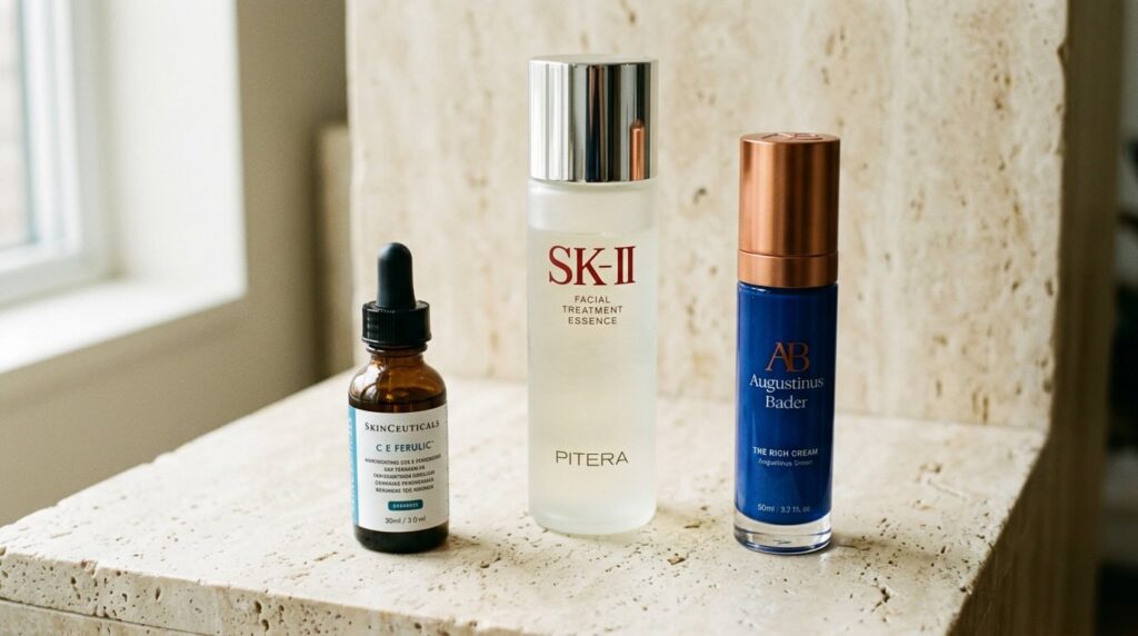 SkinCeuticals C E Ferulic, SK-II Facial Treatment Essence, and Augustinus Bader Rich Cream on warm stone