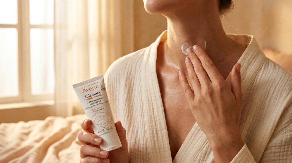 Postpartum skincare recovery with moisturiser application on neck in warm morning light