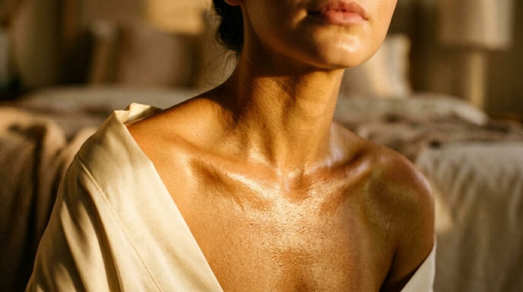 Luminous glowing skin on neck and chest representing the pregnancy glow with warm golden light