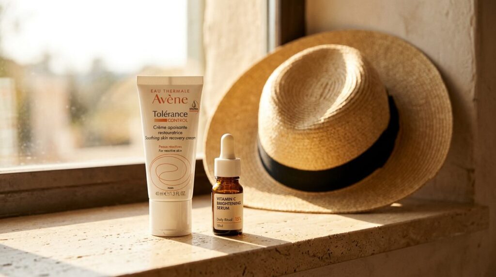 Mineral SPF and vitamin C serum on windowsill with morning sunlight for pregnancy melasma prevention