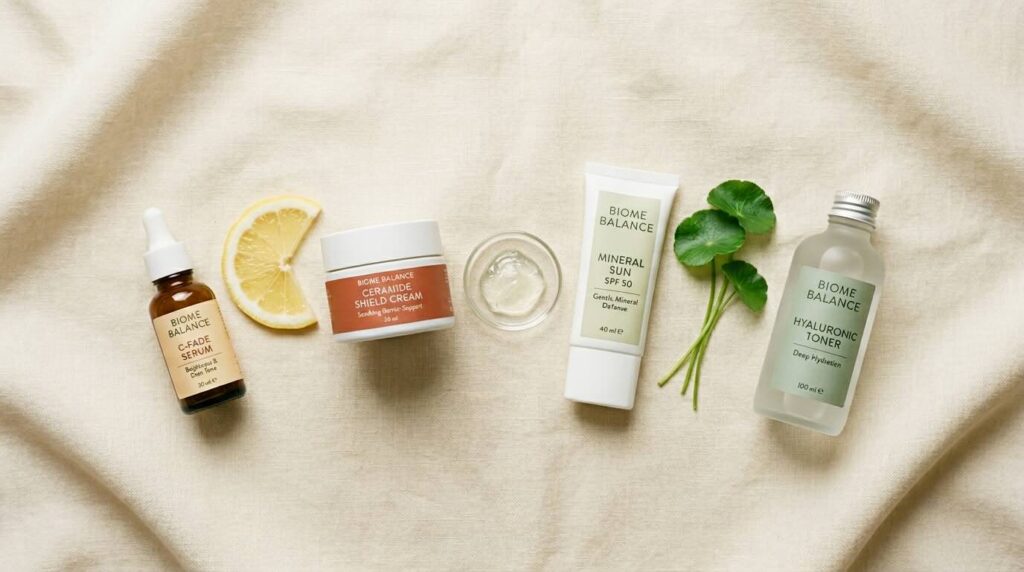 Pregnancy safe skincare ingredients flatlay with vitamin C, ceramides, and mineral SPF on cream linen