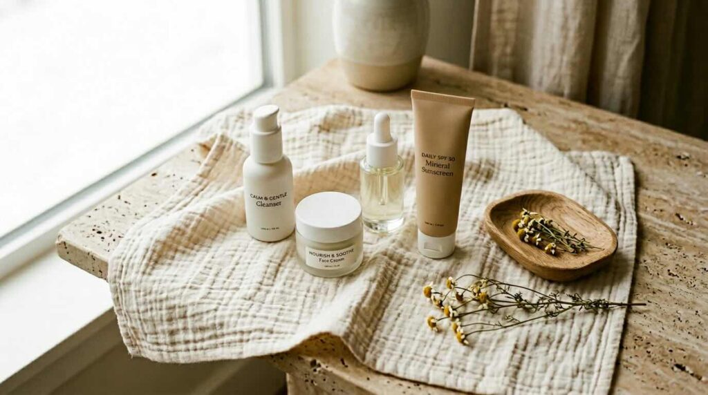 Pregnancy safe skincare products on soft muslin surface with warm gentle light