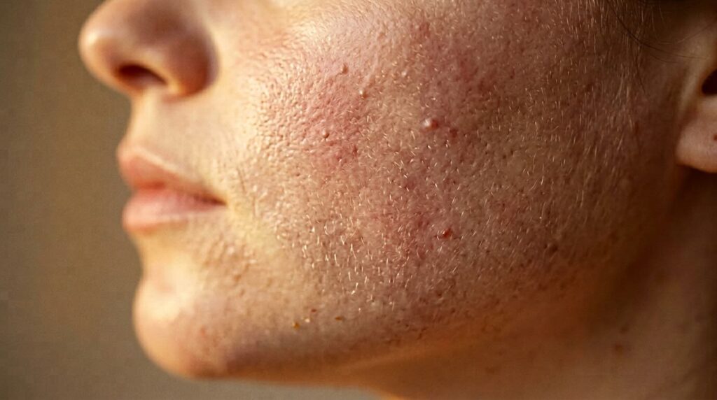 Close-up of skin texture showing hormonal changes during pregnancy with warm light