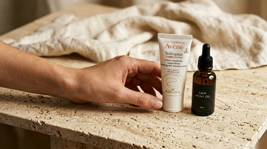 Hand setting aside skincare products to avoid during pregnancy on warm stone surface