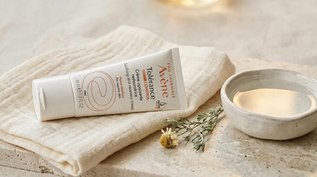Avène Tolerance Control cream with chamomile on muslin cloth representing calm approach to reactive skin after 30