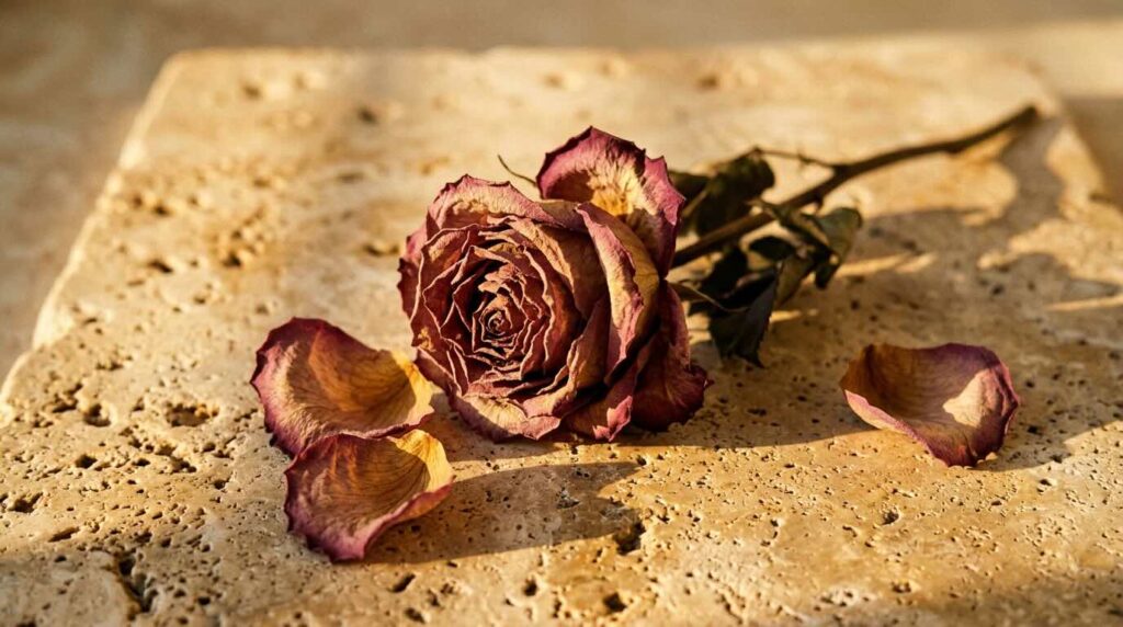 Dried rose with falling petals on warm stone in golden light representing slowing cell turnover after 30