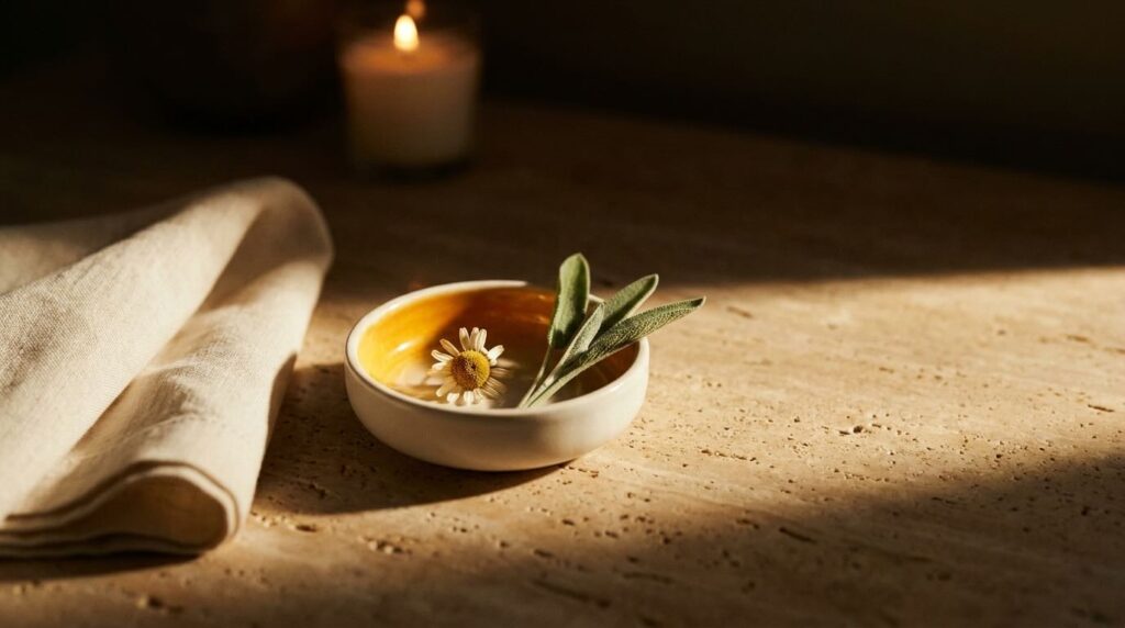 Folded cream linen, handmade ceramic dish and dried chamomile on travertine stone in warm light, the calm before reordering your skincare after 30