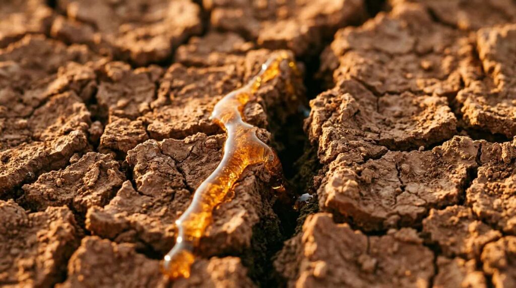 Golden oil flowing into cracked dry surface representing skin barrier repair after 30