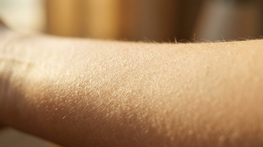Healthy skin barrier texture close-up with warm golden light showing hydrated intact skin