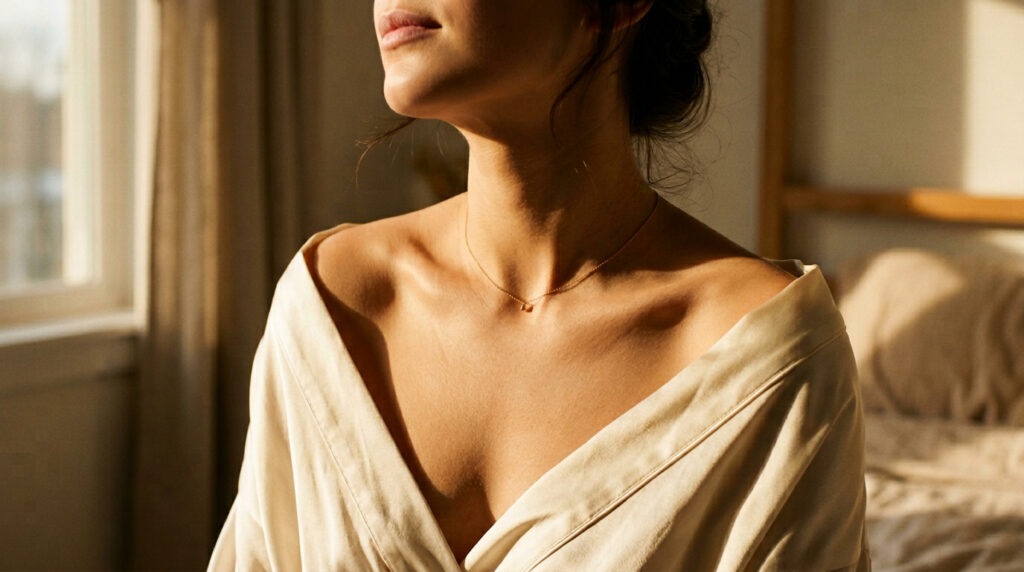 Healthy glowing skin after barrier repair with warm golden light on neck and collarbones