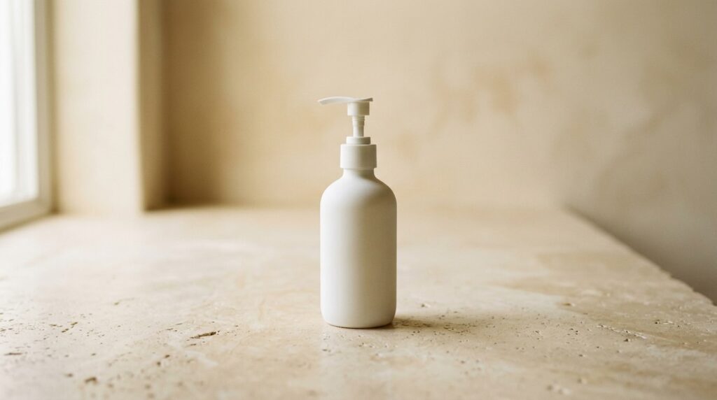 Single skincare product on clean warm stone surface representing stripped-back barrier repair routine