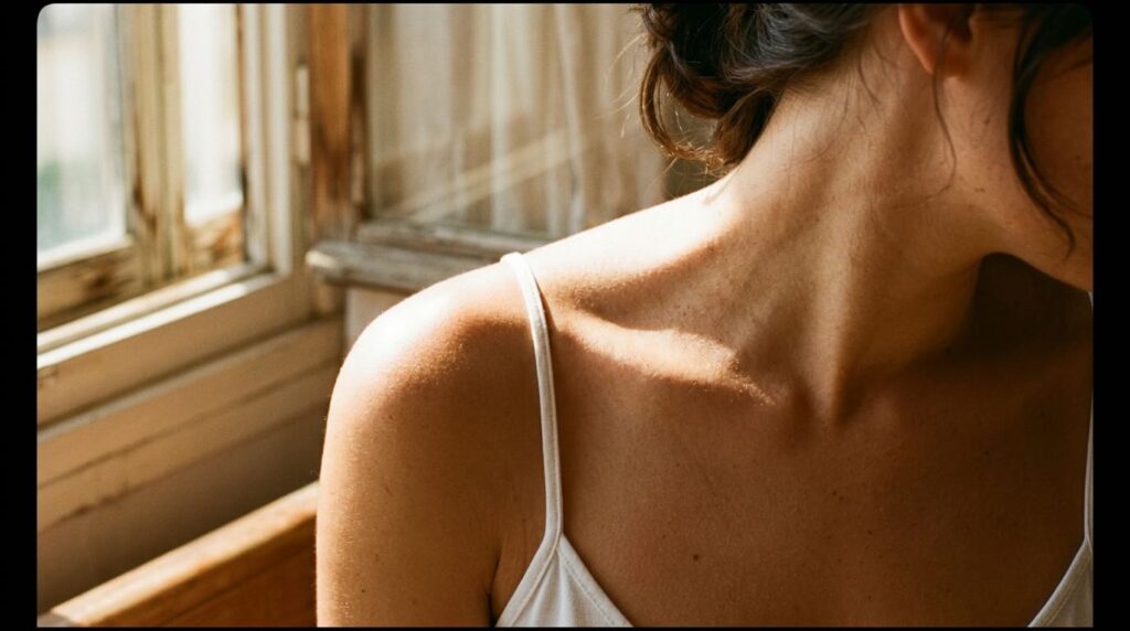 Sun-kissed shoulder in warm golden light representing easy skin before 30