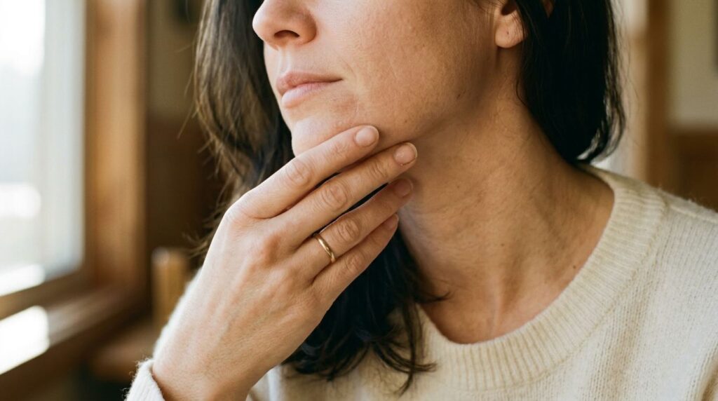 Woman's hand on jawline showing natural skin texture after 30 with warm editorial light