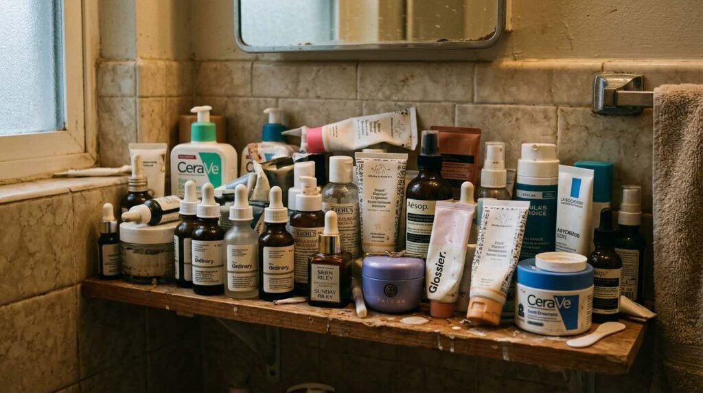 Crowded bathroom shelf with too many skincare products representing common mistakes after 30