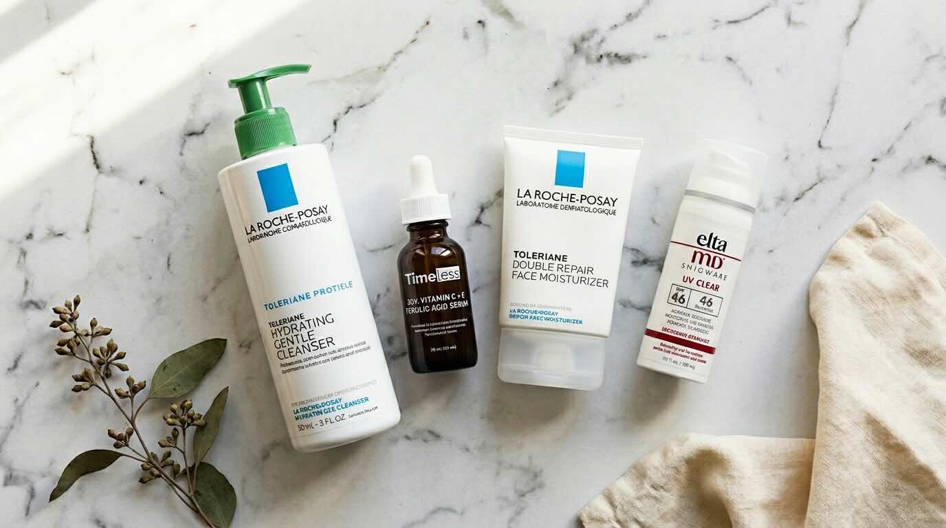 Skincare routine after 40 morning products flatlay on marble surface with soft natural light