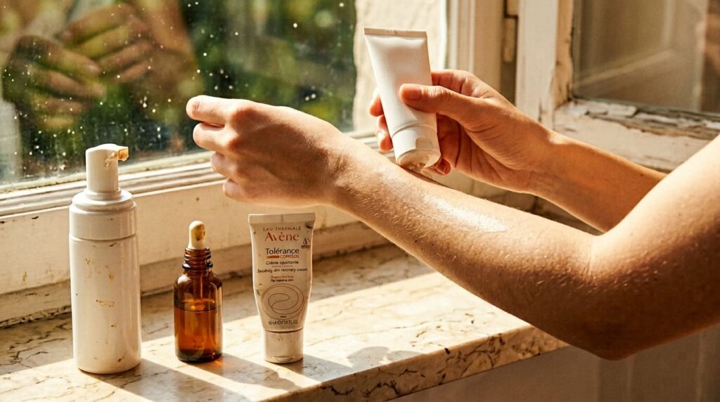 Morning SPF application with three skincare products on windowsill showing complete routine after 40