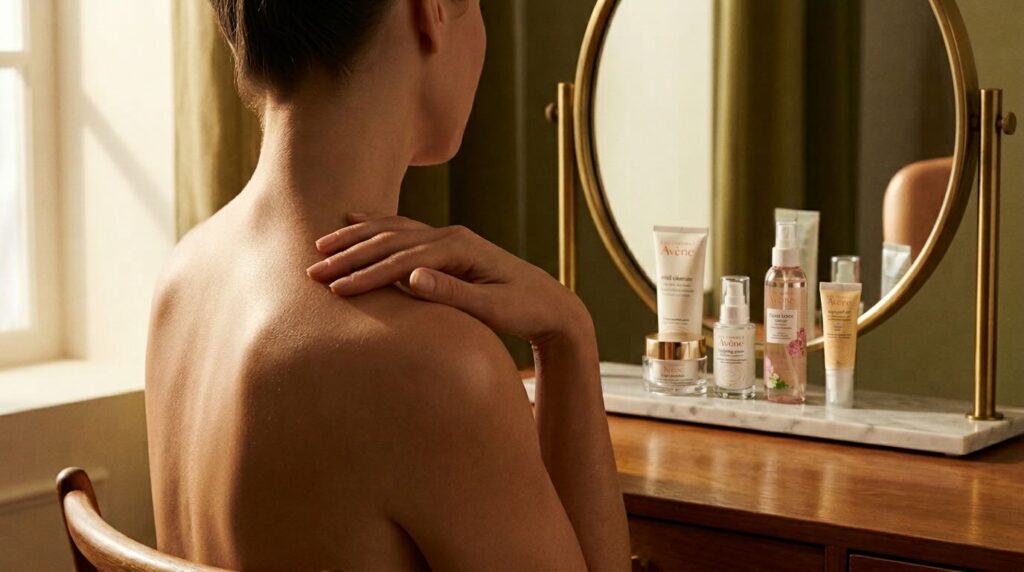 Woman at vanity with luminous skin and simple four-product routine showing skincare results after 40