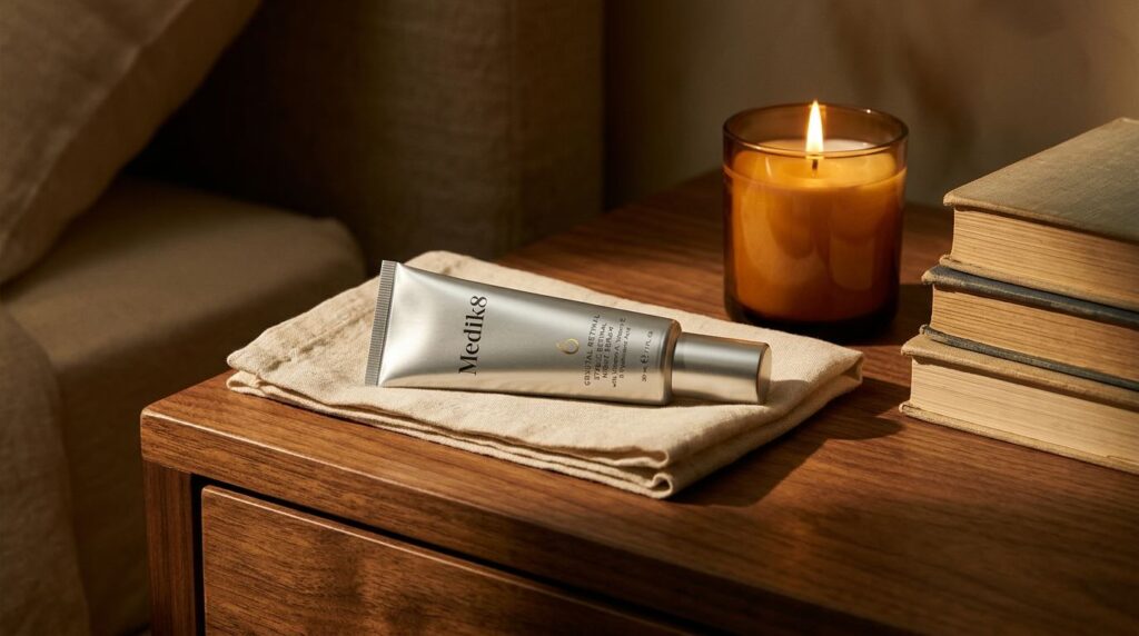 Medik8 Crystal Retinal on nightstand with candlelight showing evening retinoid step in routine after 40