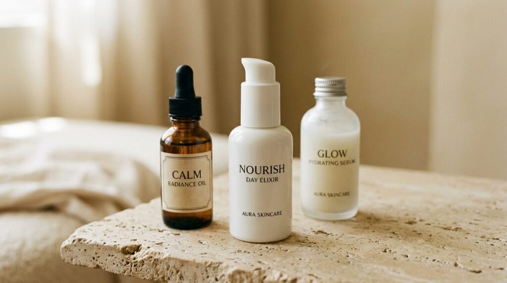 skin after 30 skincare products on warm stone surface