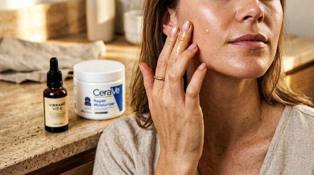 Hand pressing serum into healthy skin with affordable skincare products in background showing smart spending approach