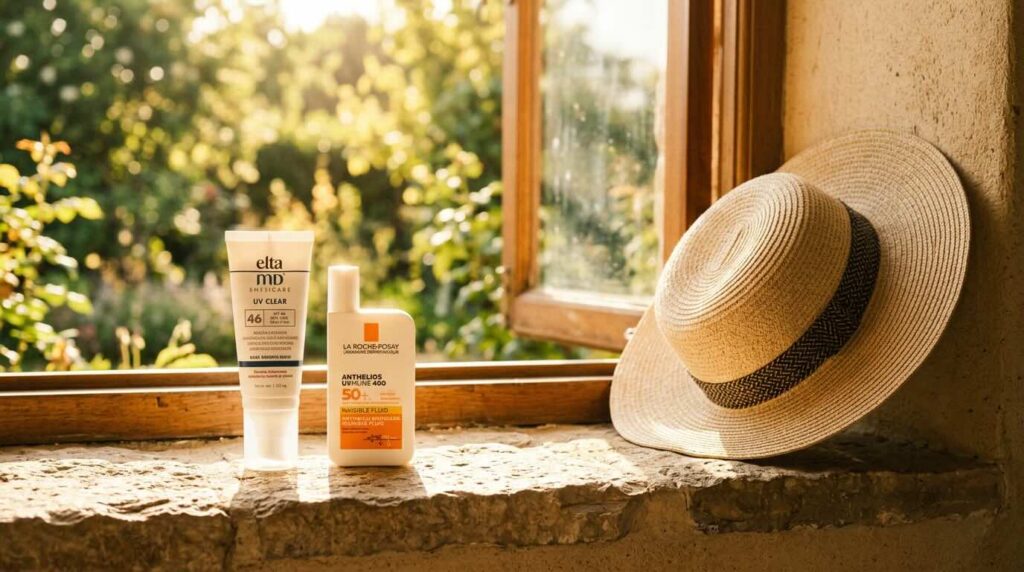 EltaMD and La Roche-Posay SPF products on windowsill with morning sunlight showing daily sun protection habit