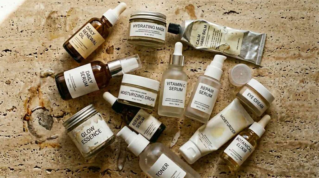 Too many skincare products crowded on stone surface illustrating barrier damage from overuse