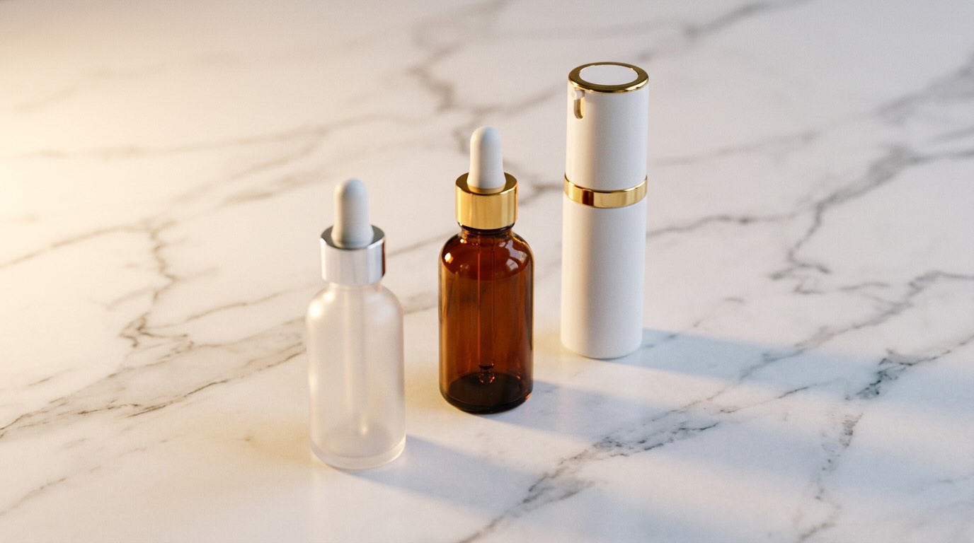 Vitamin C serum bottles on marble surface with warm editorial lighting