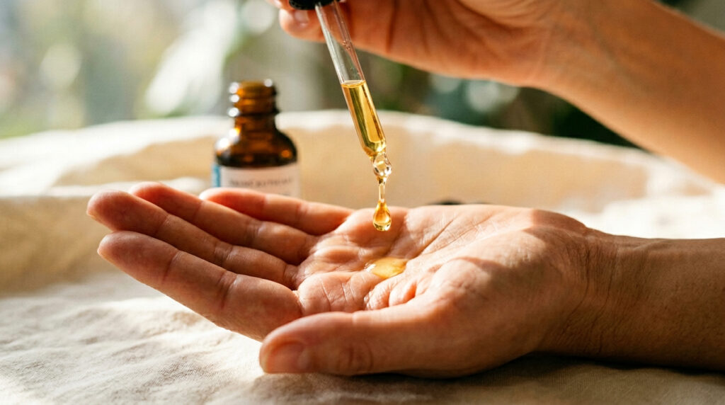 Golden vitamin C serum drop falling onto palm in morning light showing daily antioxidant habit